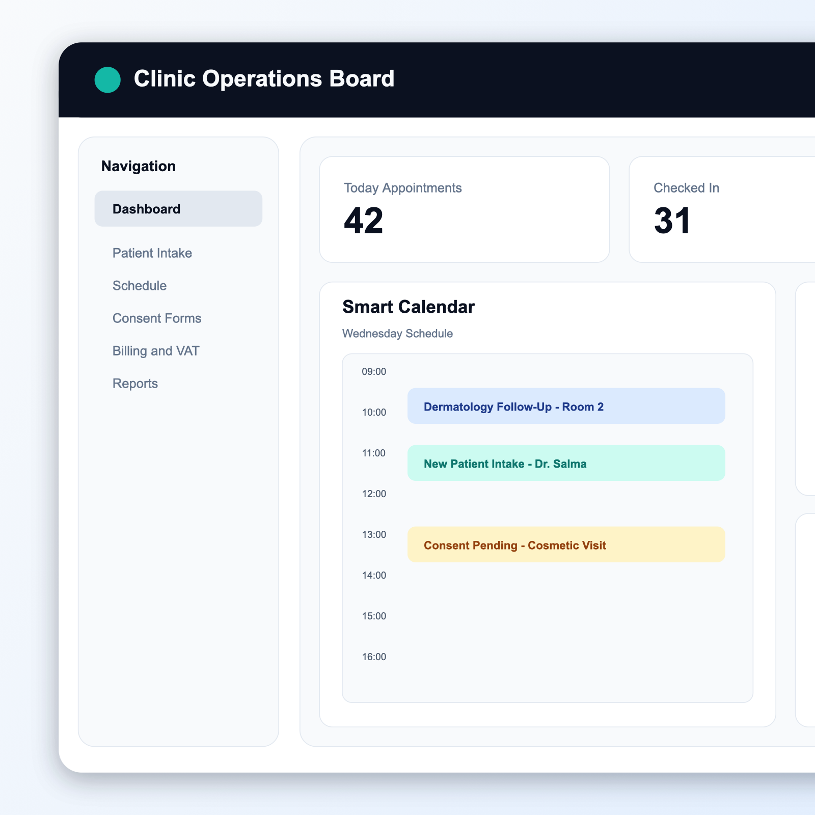 Clinic operations board with appointments, patient intake, and billing visibility
